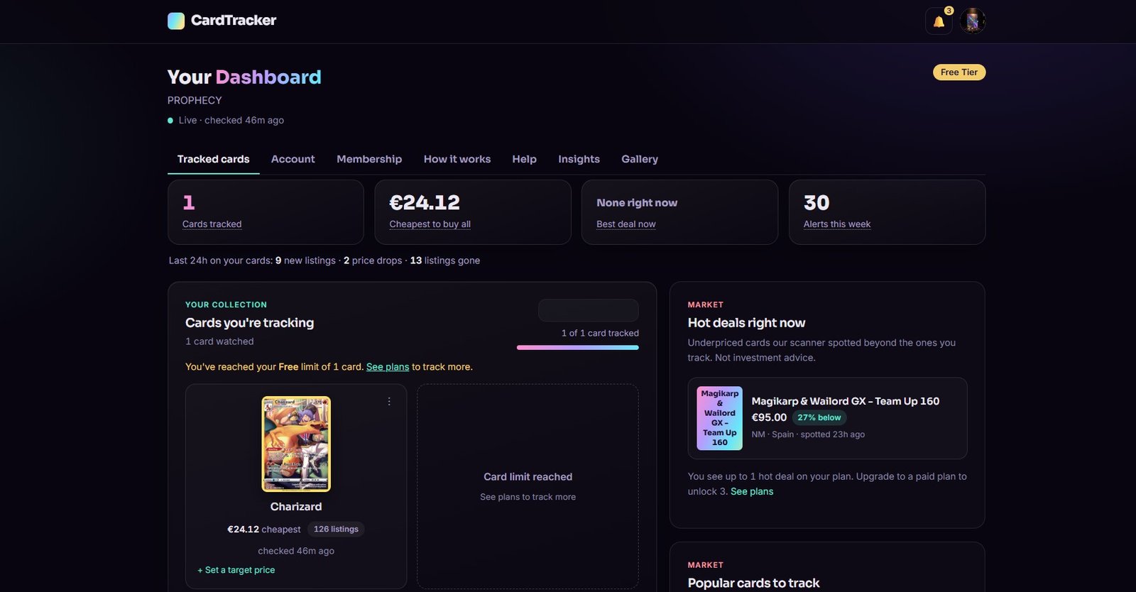CardTracker dashboard showing tracked Pokemon cards, live listings and flagged deals