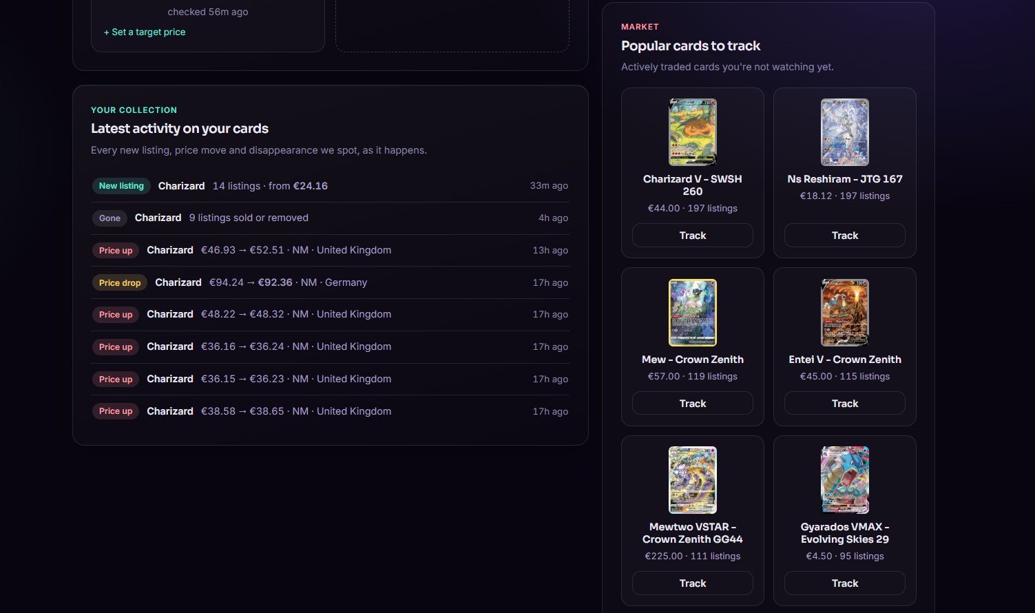 CardTracker dashboard showing live Cardmarket price tracking for Pokemon cards, with cheapest listings, market averages and price alerts